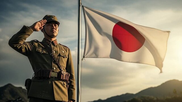 Asian man in vintage military uniform saluting Japanese flag in mountain landscape