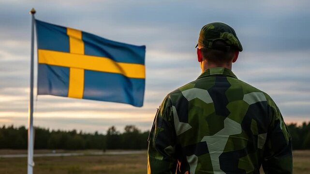 Young adult male soldier in Nordic military uniform standing before national flag at dusk