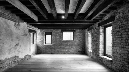 Fototapeta premium Empty Industrial Room with Exposed Brick Walls and Wooden Beams in Monochrome Style