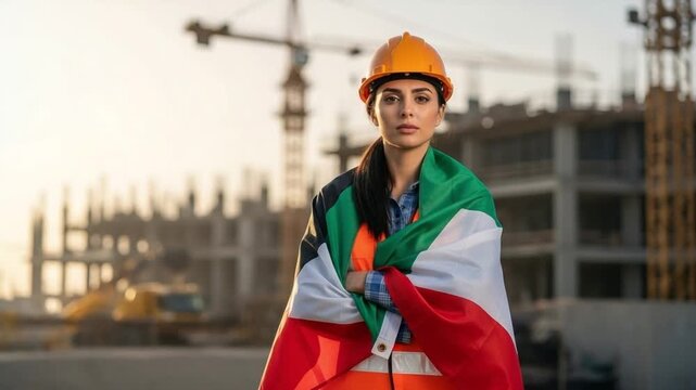 Young Kuwaiti female engineer in hard hat with national flag at construction site