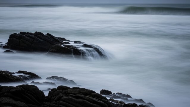 Long Exposure Seascape with Silky Water Over Rocks