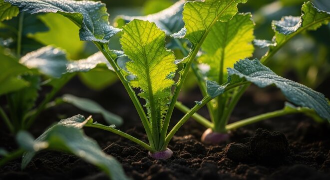 Young Turnip Plants Growing in Rich Soil Under Natural Sunlight.
