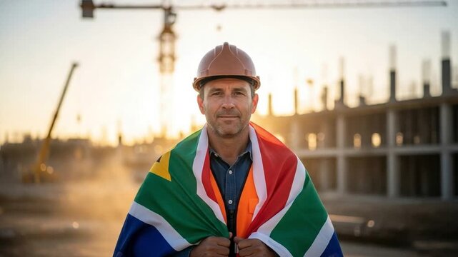 Middle aged male construction worker with South African flag at building site during sunset