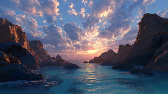 Beautiful summer ocean cove with rocky cliffs and clear blue water under bright sunlight, creating a peaceful, refreshing coastal landscape full of natural beauty.