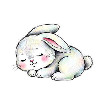 Adorable illustration of a sleeping white bunny with closed eyes and rosy cheeks.