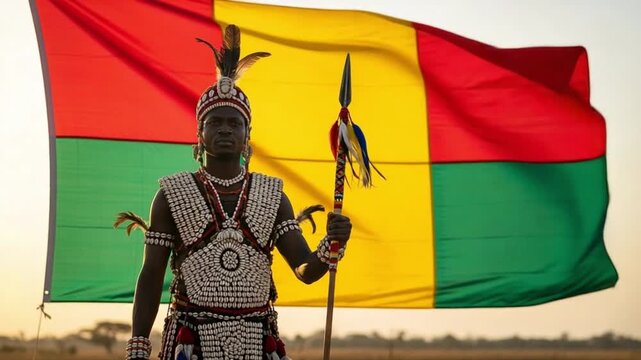 Adult African man in traditional warrior attire with cowrie shells and spear