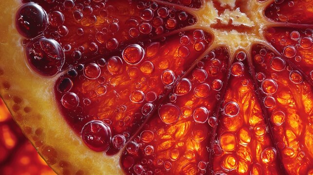 Extreme macro cross-section of a fresh blood orange slice with sparkling water droplets and bubbles,  showcasing vibrant ruby pulp and refreshing effervescence for a juicy texture.