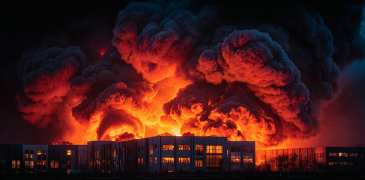 Large industrial building on fire at night with smoke and flames.