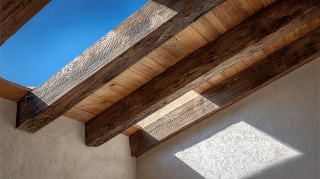 Rustic wooden beams create a warm ambiance under a clear blue sky in a cozy architectural interior design space