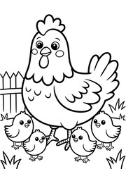 Fototapeta premium Charming Chicken and Chicks Activity Page: Farm Life Line Drawing for Educational Children's Art Coloring