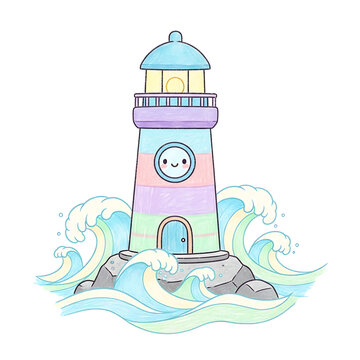 Cute cartoon lighthouse with colorful pastel stripes and ocean waves illustration.