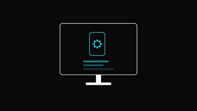 Desktop computer screen displays a blue loading icon for software installation and system updates highquality motion graphics created via programmatic creative coding