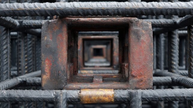 Close-Up View of Industrial Steel Reinforcement Bars in Construction Site Focusing on Structural Elements and Texture