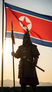 Ancient Korean Warrior in Traditional Lamellar Armor Standing with North Korean Flag