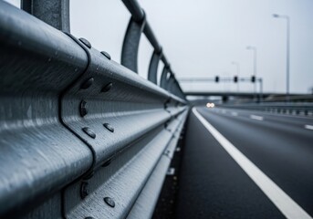 Naklejka premium Guardrail on highway traffic lights in distance guardrail automotive
