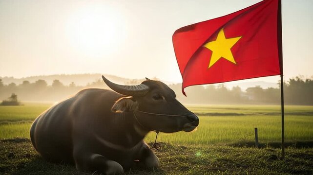 Water Buffalo Resting in Rice Field with Vietnam Flag at Sunrise