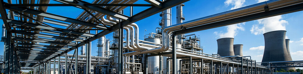 Fototapeta premium An expansive network of gleaming metallic pipes, robust industrial structures, and towering cooling stacks dominate a vast, complex modern energy or chemical processing plant under a clear, bright...