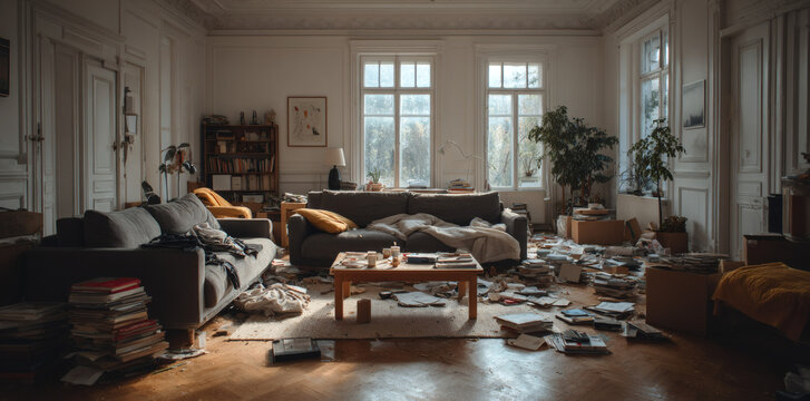 A messy living room with scattered books and papers on the floor.