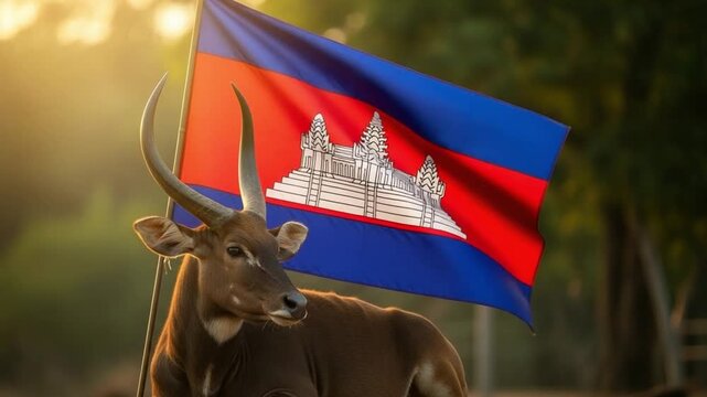 Majestic Wild Ox Kouprey with National Heritage Flag in Forest