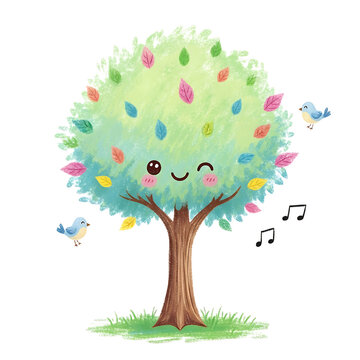 Cute cartoon tree with a happy face and colorful leaves, birds singing.