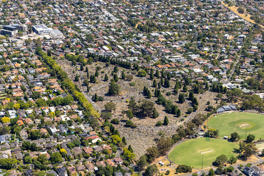 Kew aerial view of cemetery, cricket ground and tree-lined residential streets, Victoria Australia