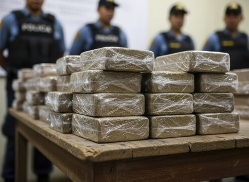 Many rectangular packages wrapped in plastic are stacked on a wooden table. Blurred police officers stand behind.