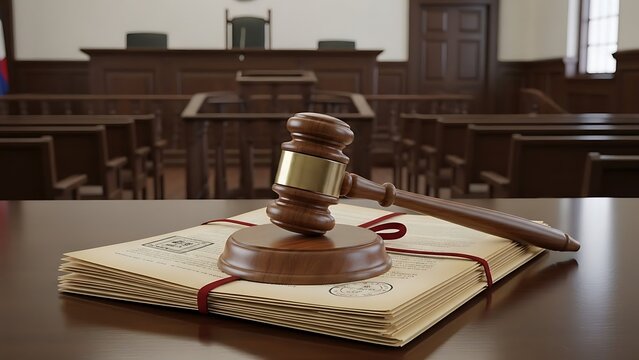 Courtroom Gavel and Law Books on Table.