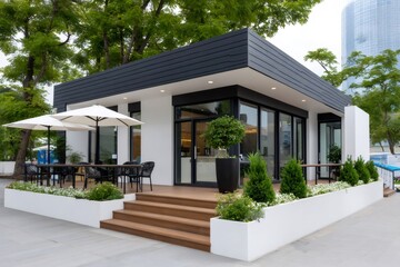 Fototapeta premium Modern modular cafe building with outdoor seating