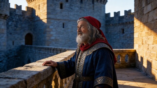 Man in medieval attire on castle balcony