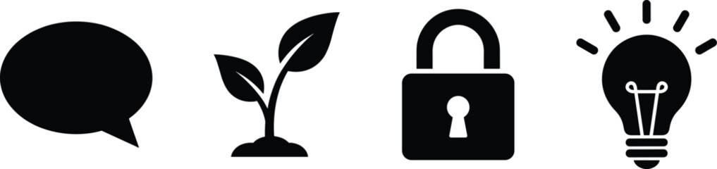 Black icons set including a speech bubble for communication, plant for growth, padlock for security, and lightbulb for creative ideas. © clickwavebd
