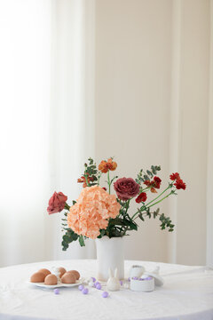 Easter home design. Greeting card. Minimalist white interior.