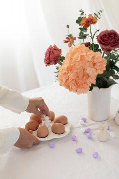 Easter home design. Greeting card. Minimalist white interior.