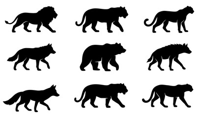 Wild Predator and Carnivore Animal Silhouette Vector Set, Jumping and Walking Big Cats Wolf Bear Collection © Kagimotion
