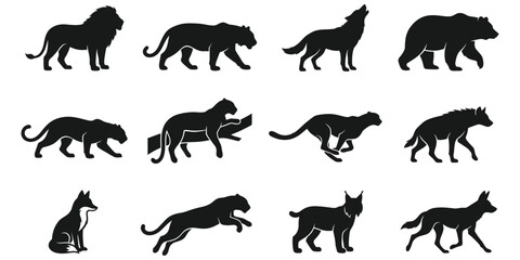 Obraz premium Wild Predator and Carnivore Animal Silhouette Vector Set, Jumping and Walking Big Cats Wolf Bear Collection