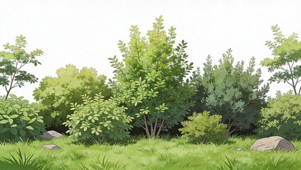 Fototapeta premium Lush Green Shrubs and Bushes Digital Illustration on White Background, Vibrant Foliage Creating a Natural Landscape Element, Botanical Garden Design
