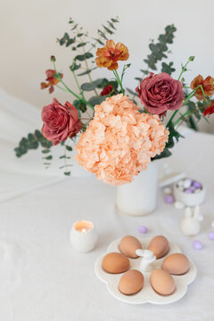 Easter home design. Greeting card. Minimalist white interior.