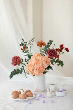 Easter home design. Greeting card. Minimalist white interior.