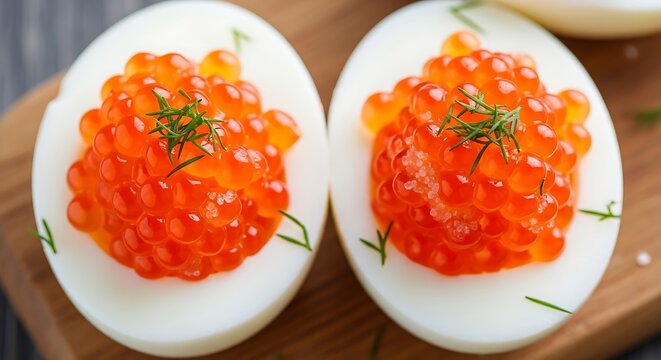 Close up of deviled eggs topped with bright orange salmon roe garnish