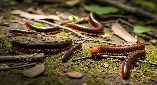 Close up of millipedes crawling on forest floor with natural greenery