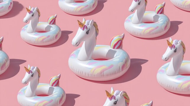 Repeating pattern of whimsical, inflatable unicorn pool floats arranged on a solid pink backdrop, suggesting fun & summer