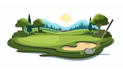 Scenic golf course poster vector retro style landscape with club ball and flag hole isolated on white
