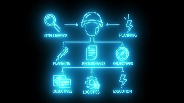 Glowing blue flowchart diagram with business strategy icons on a black background.
