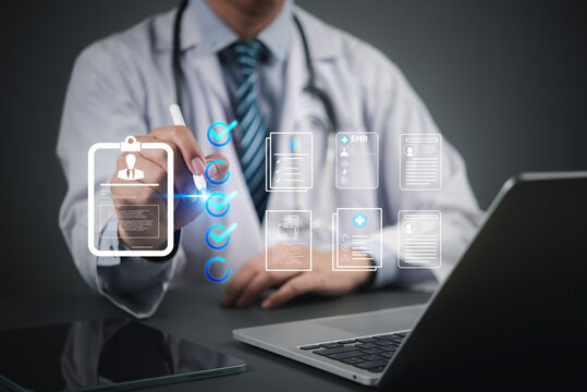Doctor touching electronic health record EHR digital screen medical technology futuristic hospital clinic paperless patient data management.