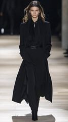 Obraz premium Elegant Woman in a Long Black Coat on a Fashion Runway