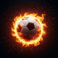 Fototapeta premium Burning soccer ball with flames and sparks on dark background, fiery football speed and power concept