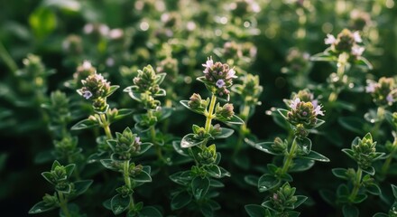 Fototapeta premium Close up of fresh green oregano plant with tiny flowers in soft sunlight.