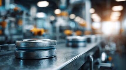 Obraz premium Close-Up of Industrial Machinery Component with Background Visuals in a Factory Setting Highlighting Precision Engineering