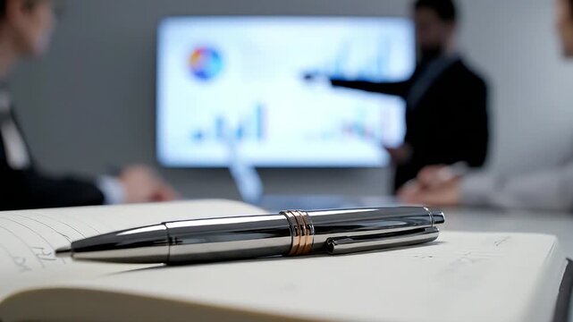 A close-up of a pen on a notebook during a business meeting with charts on a screen in the background.
