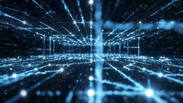 A mesmerizing abstract visualization depicts a network of glowing blue lines and nodes extending into a dark, infinite space, creating a sense of futuristic technology and interconnectedness.