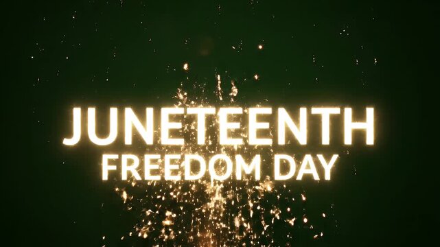 Glowing text display celebrating Juneteenth freedom day with golden sparkling particles and festive light effects